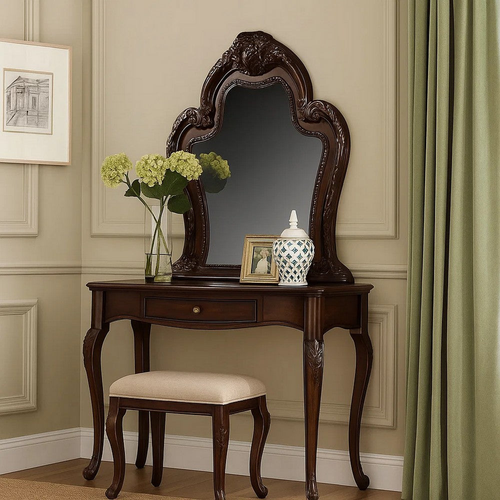 Rosy Traditional Wooden Mirror with Oversized Scrollwork, Cherry Brown