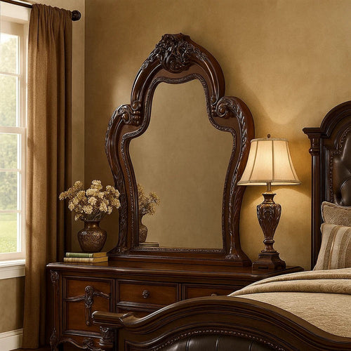 Traditional Wooden Mirror with Oversized Polyresin Scrollwork, Brown