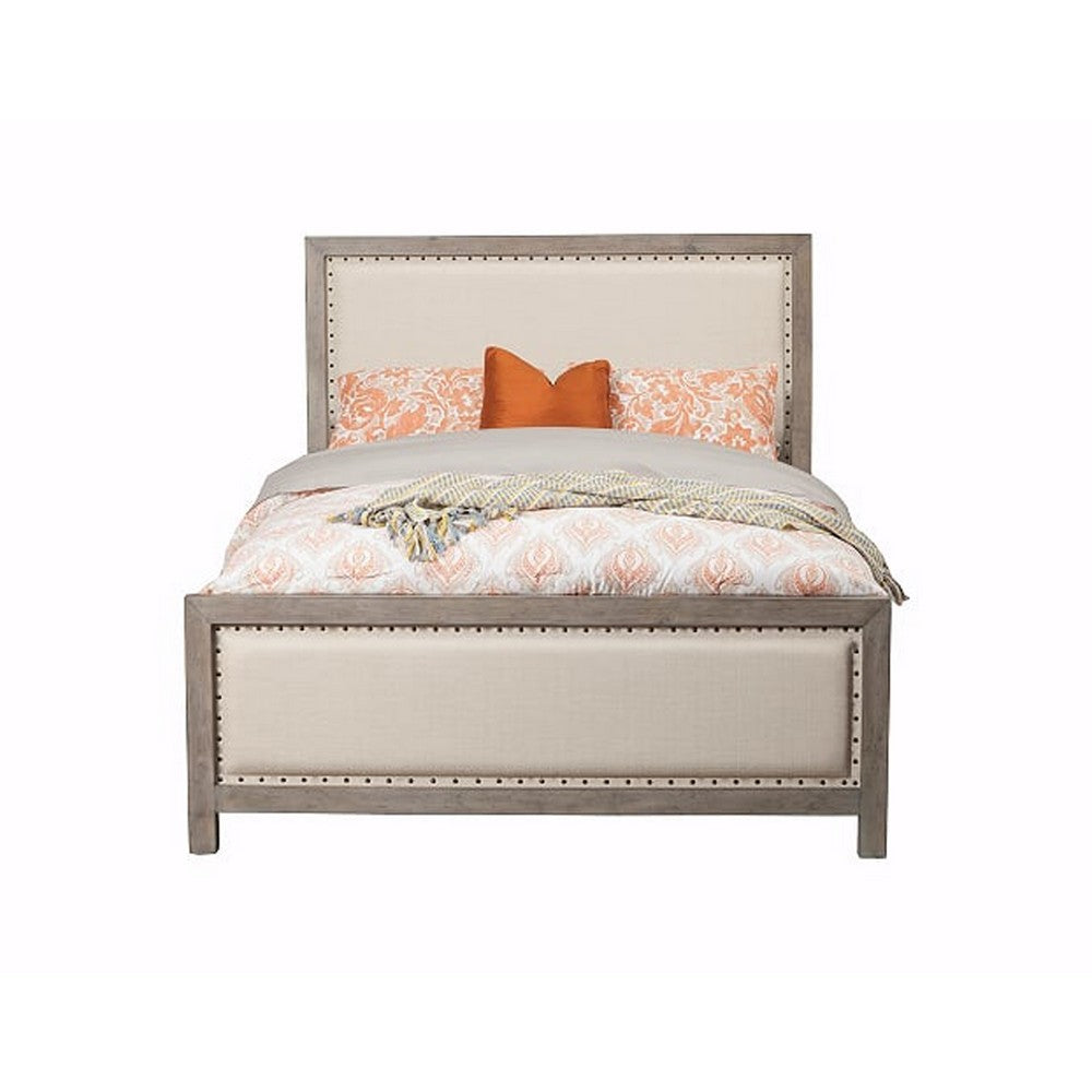 Queen Size Fabric Upholstered Bed with Nailhead Trims, Gray and Beige