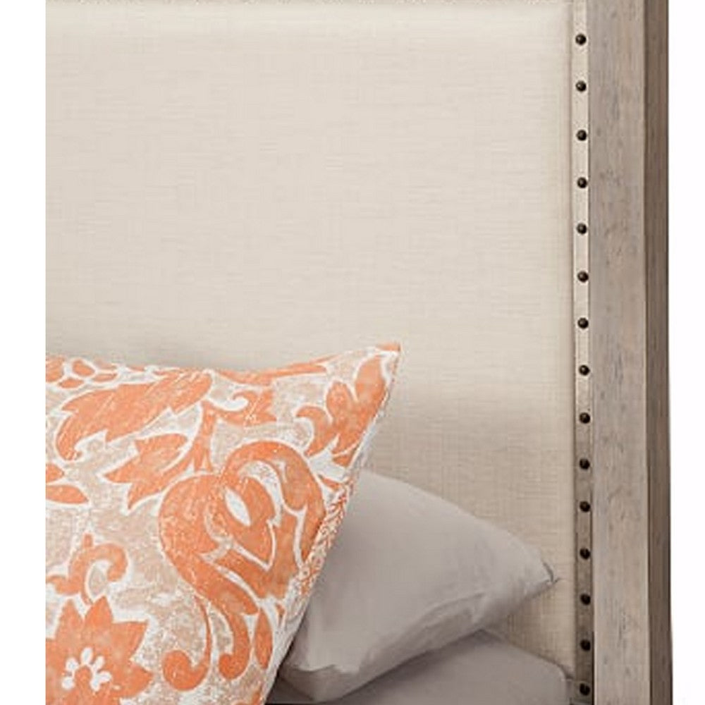 Queen Size Fabric Upholstered Bed with Nailhead Trims, Gray and Beige