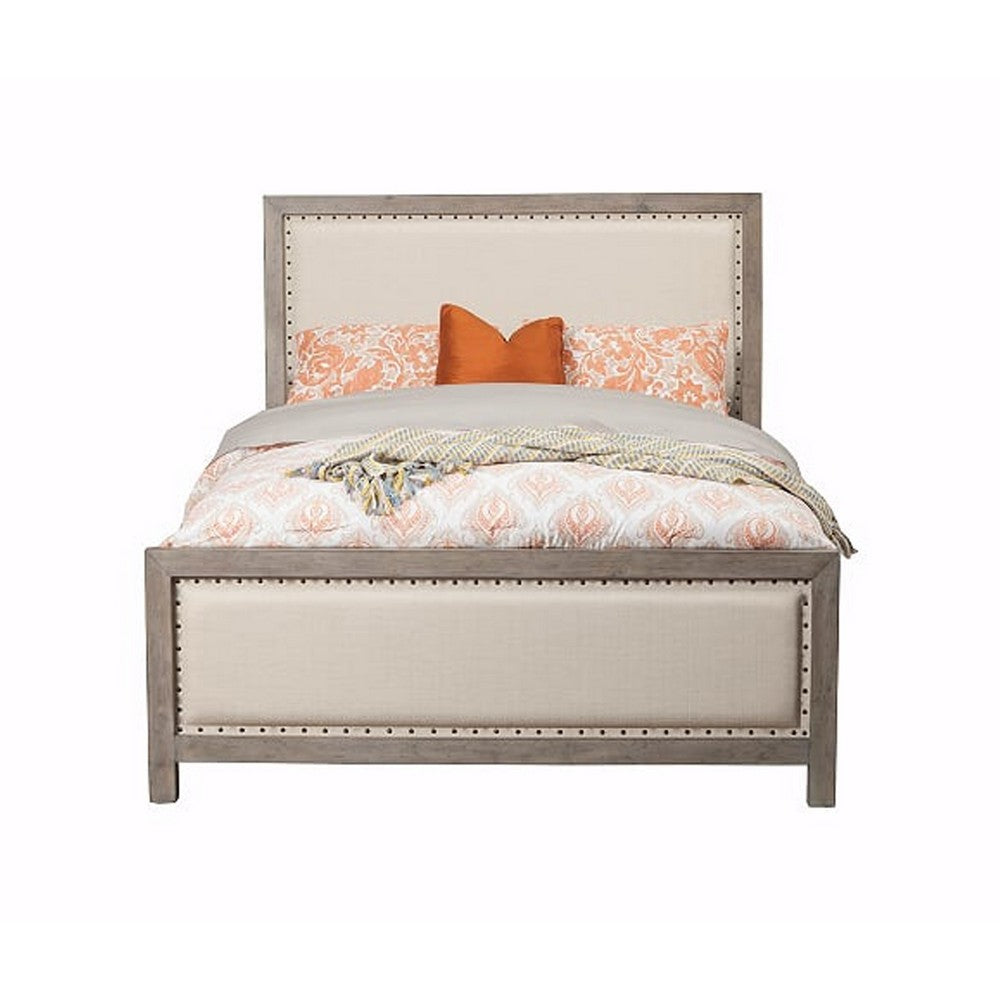 California King Fabric Upholstered Bed with Nailhead Trims, Gray and Beige
