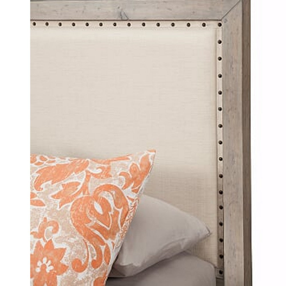 California King Fabric Upholstered Bed with Nailhead Trims, Gray and Beige