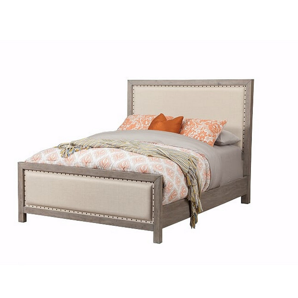 Standard King Fabric Upholstered Bed with Nailhead Trims, Gray and Beige