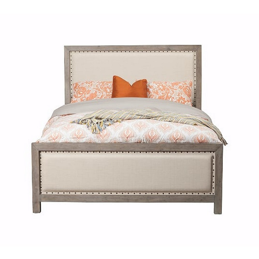 Standard King Fabric Upholstered Bed with Nailhead Trims, Gray and Beige