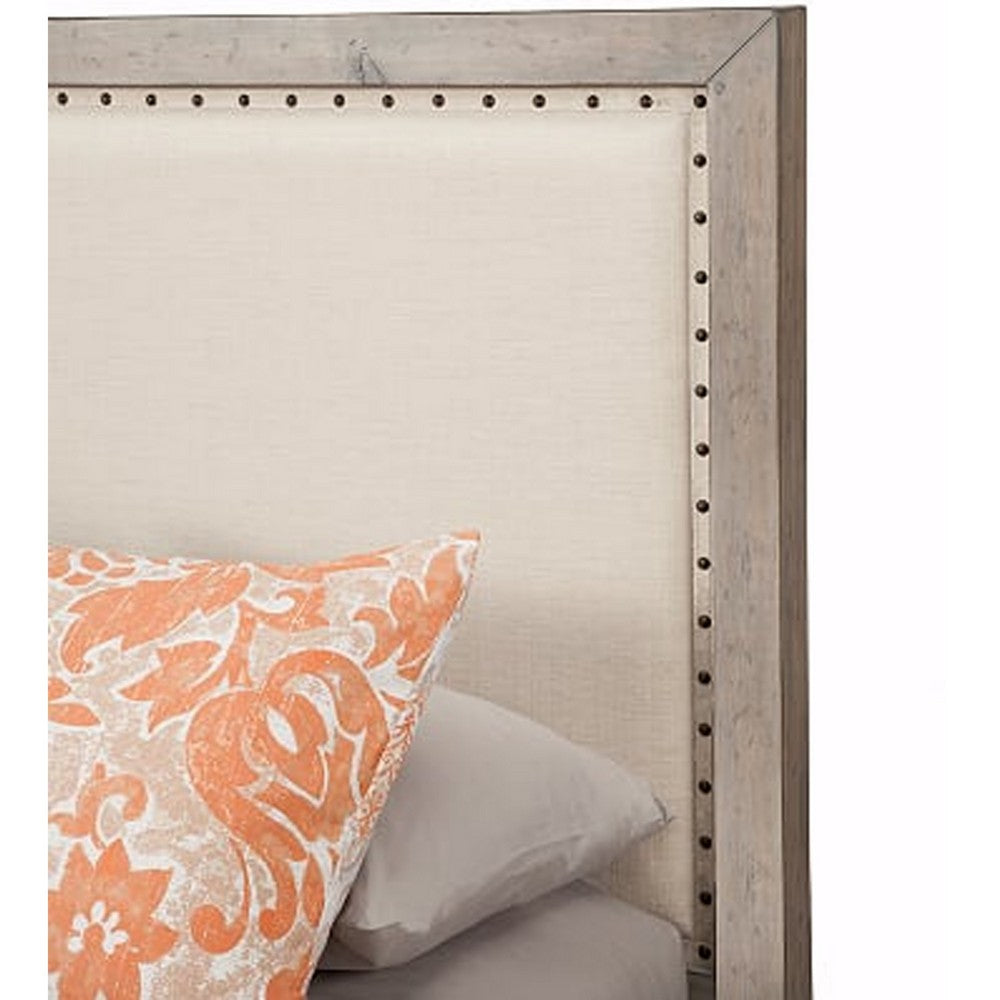 Standard King Fabric Upholstered Bed with Nailhead Trims, Gray and Beige