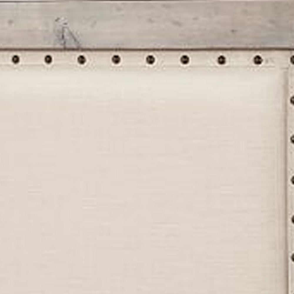 Standard King Fabric Upholstered Bed with Nailhead Trims, Gray and Beige