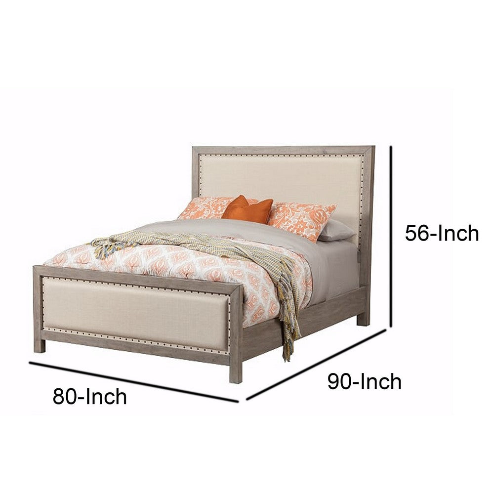 Standard King Fabric Upholstered Bed with Nailhead Trims, Gray and Beige