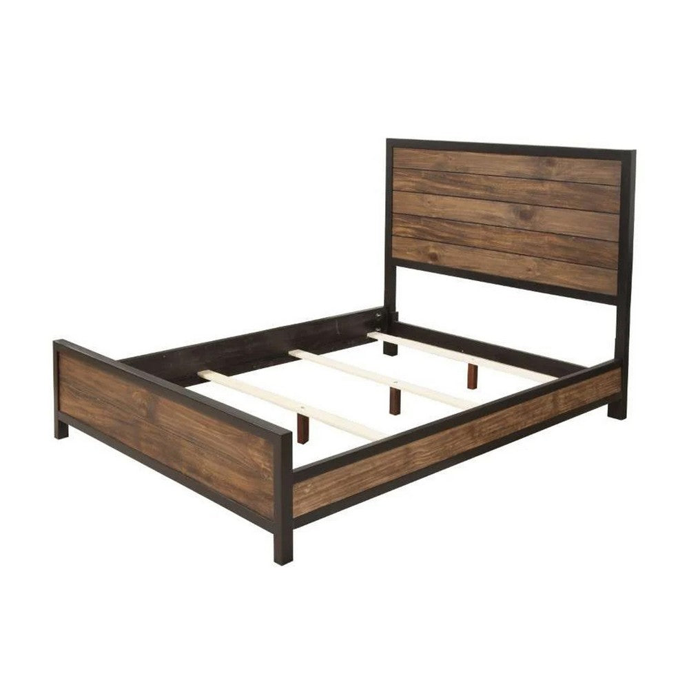 Transitional Style Two Tone Queen Size Bed with Panel Headboard, Brown