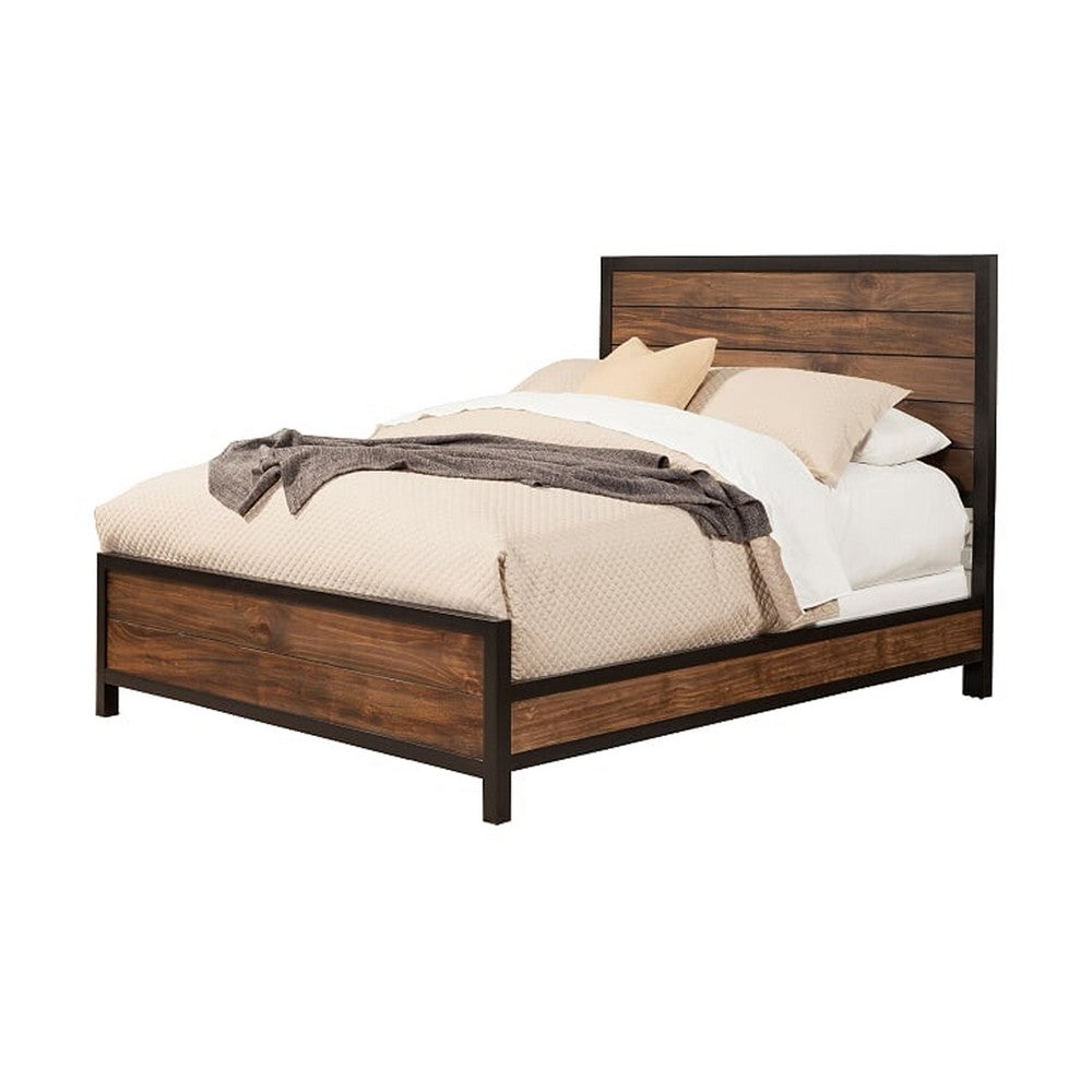 Transitional Style Two Tone Queen Size Bed with Panel Headboard, Brown