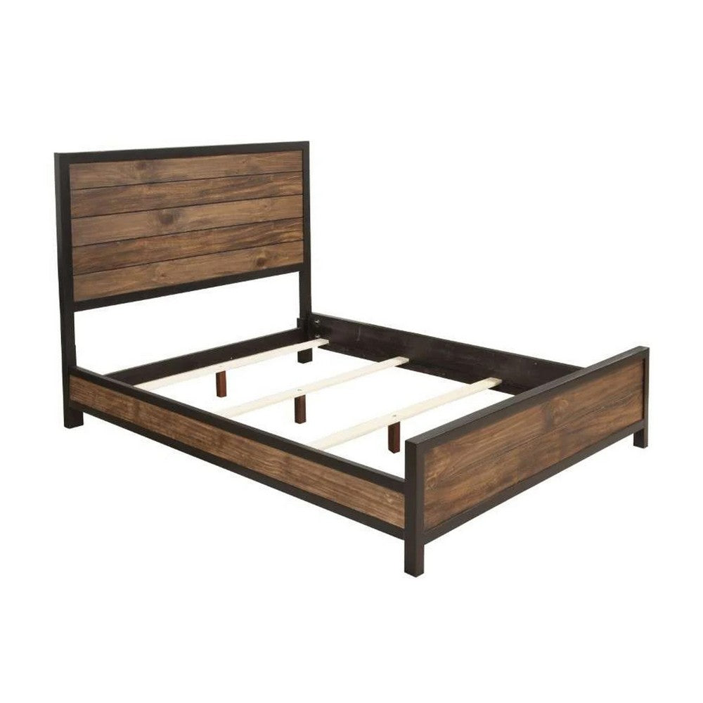 Transitional Style Two Tone Queen Size Bed with Panel Headboard, Brown