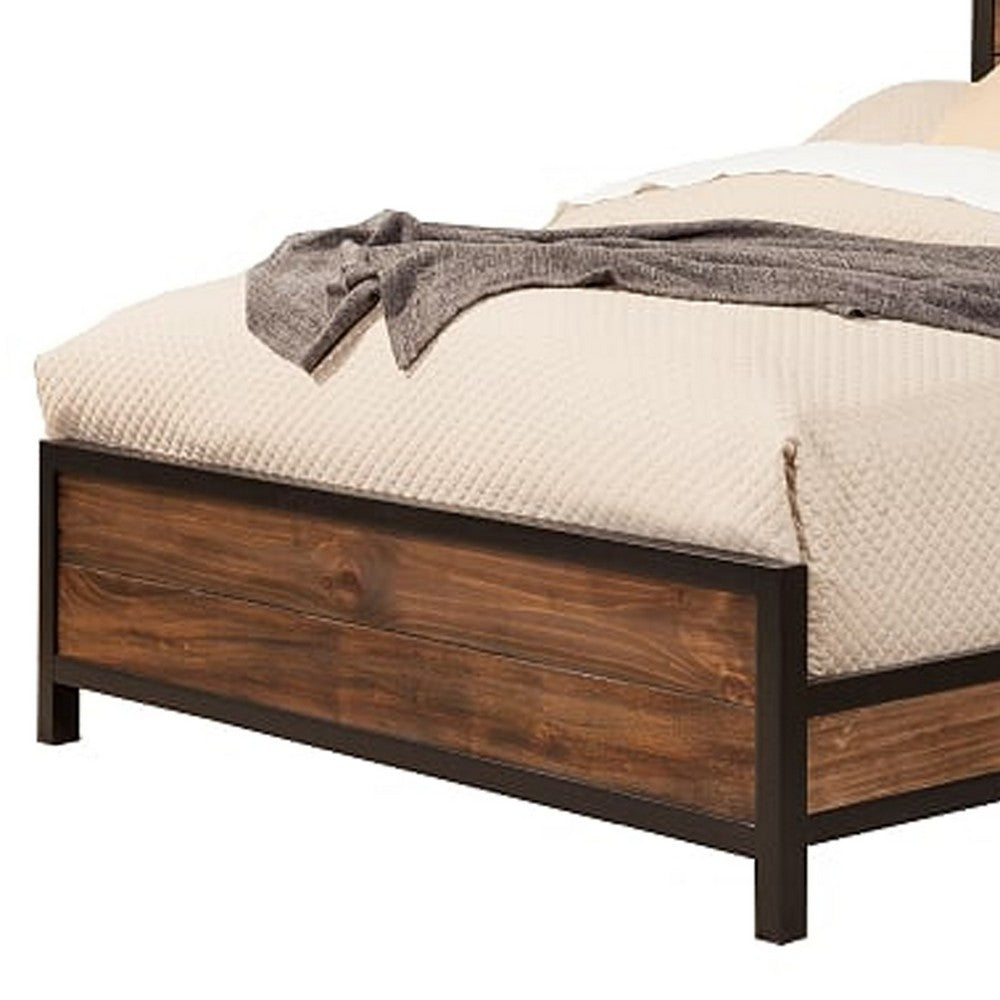 Transitional Style Two Tone Queen Size Bed with Panel Headboard, Brown