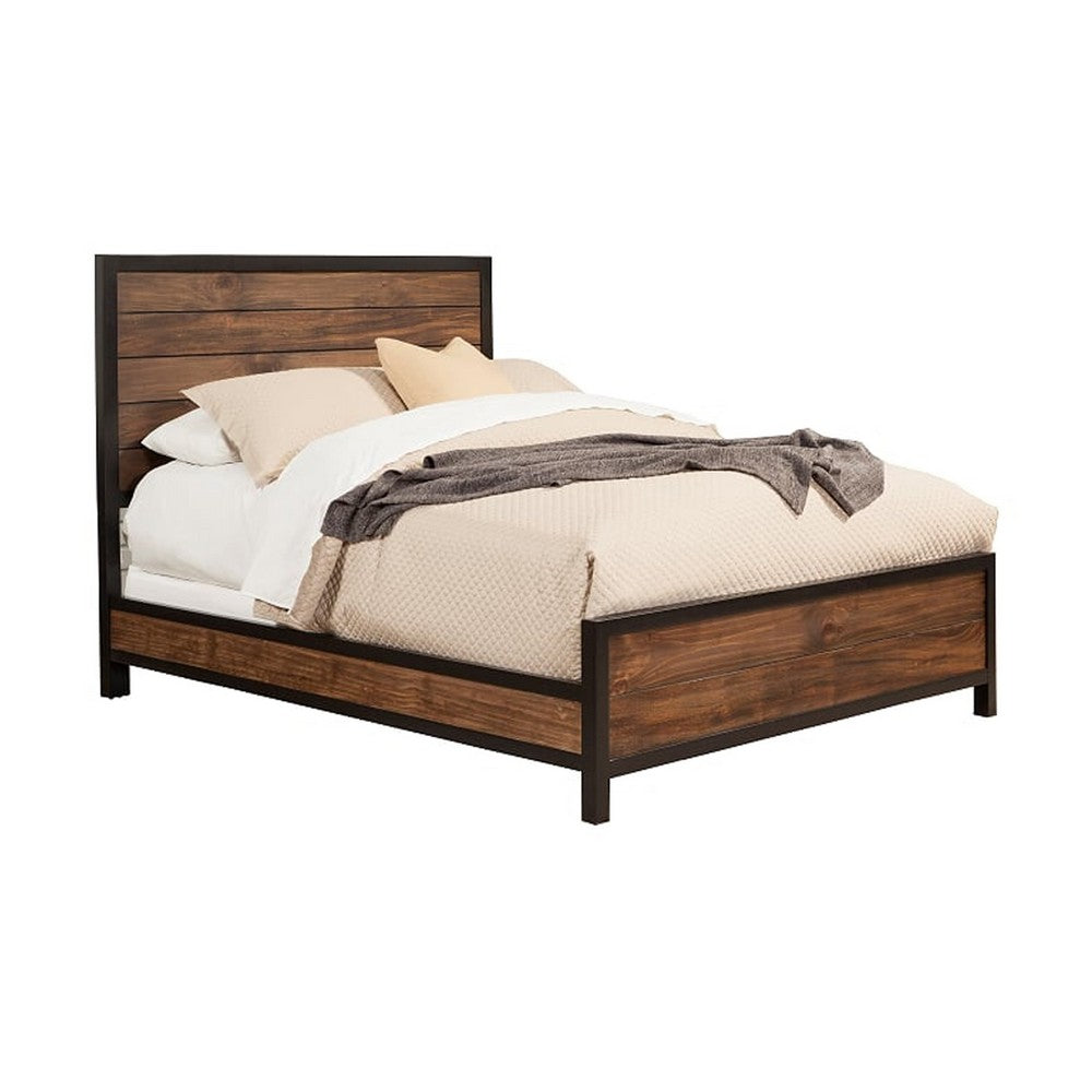 Transitional Style Two Tone Queen Size Bed with Panel Headboard, Brown