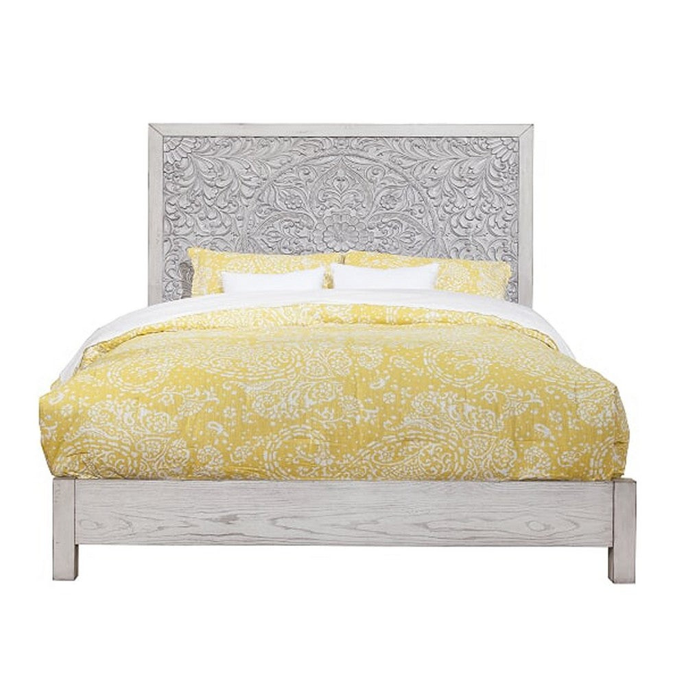 Wooden Queen Size Bed with Carved High Headboard, Weathered Gray