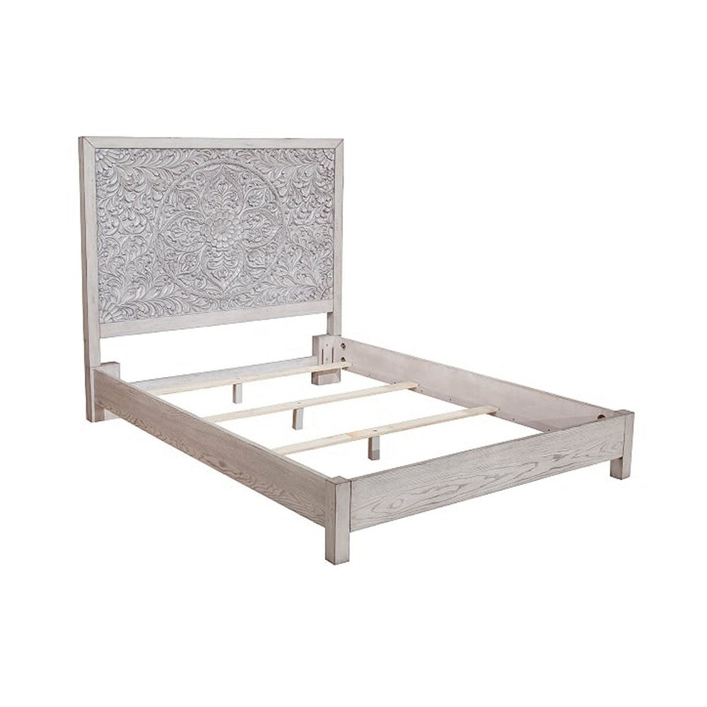 Wooden Queen Size Bed with Carved High Headboard, Weathered Gray