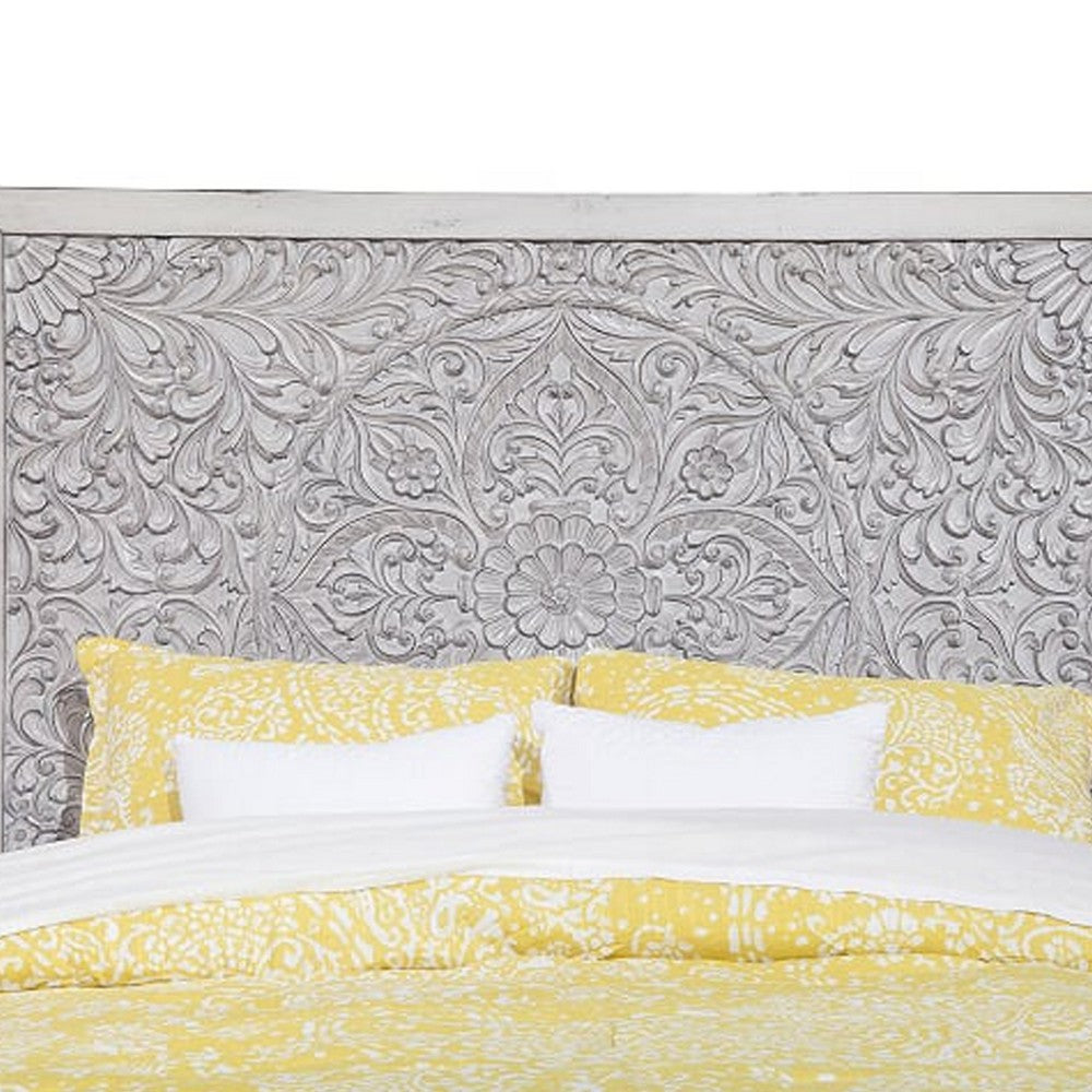 Wooden Queen Size Bed with Carved High Headboard, Weathered Gray