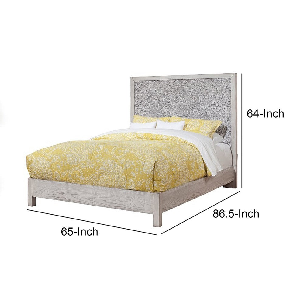 Wooden Queen Size Bed with Carved High Headboard, Weathered Gray