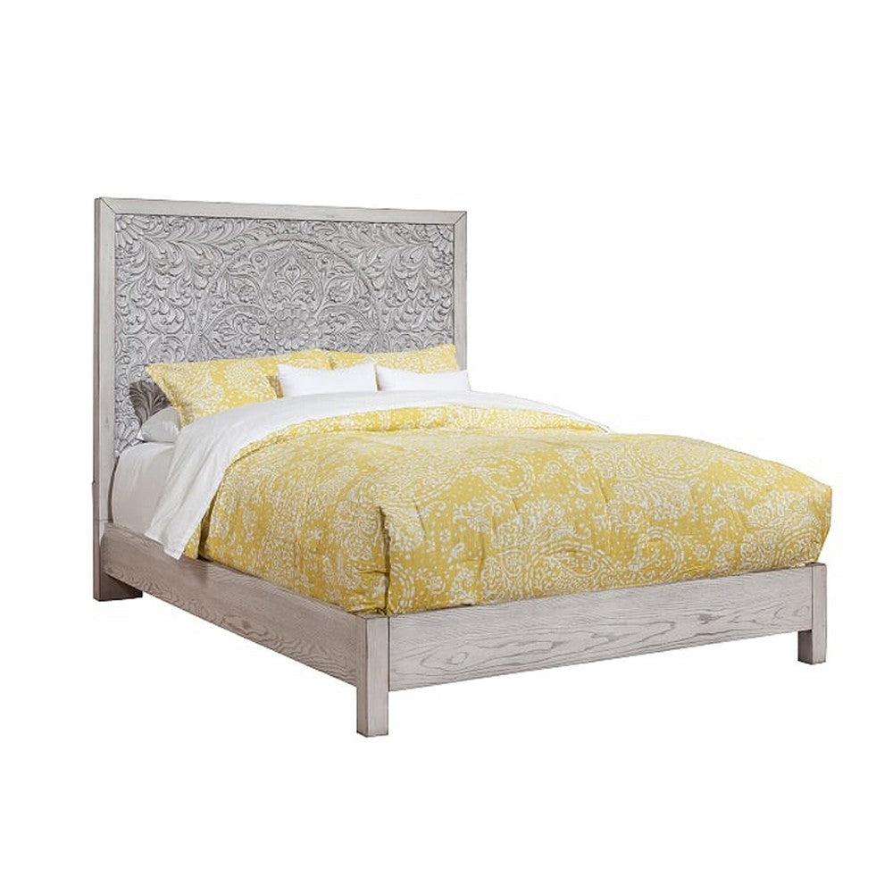 Wooden Queen Size Bed with Carved High Headboard, Weathered Gray