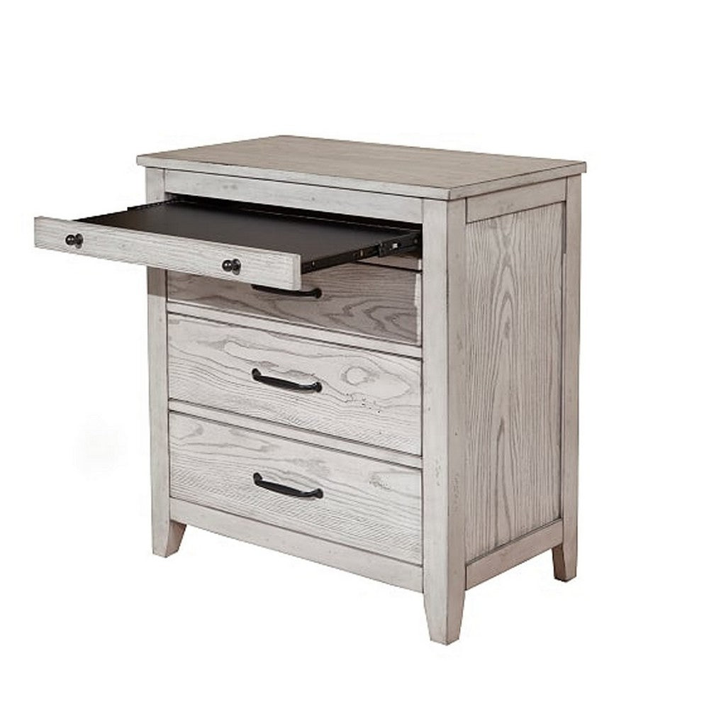 Transitional Style Three Drawer Nightstand with Pull Out Tray, Gray
