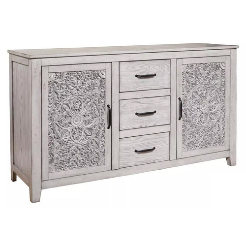 Wooden Dresser with 2 Polyresin Carved Cabinets and 3 Drawers, Gray