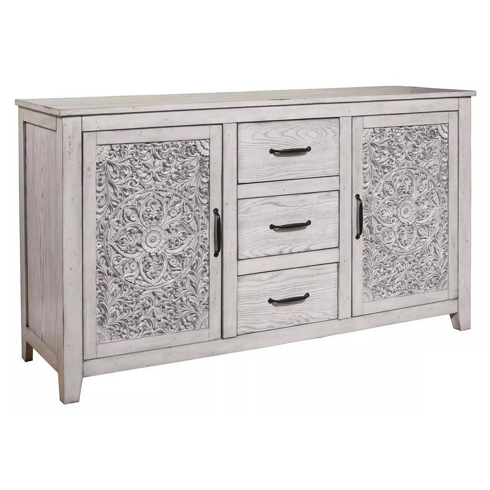 Wooden Dresser with 2 Polyresin Carved Cabinets and 3 Drawers, Gray