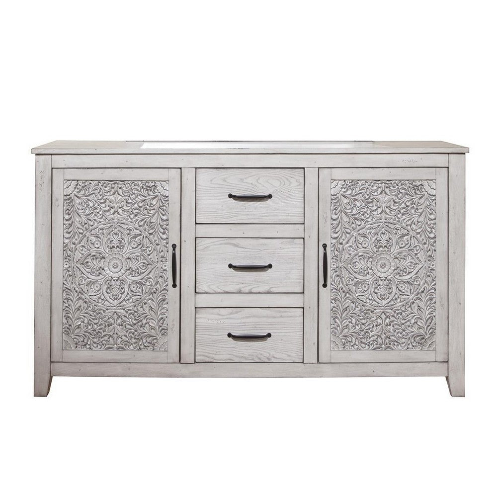 Wooden Dresser with 2 Polyresin Carved Cabinets and 3 Drawers, Gray