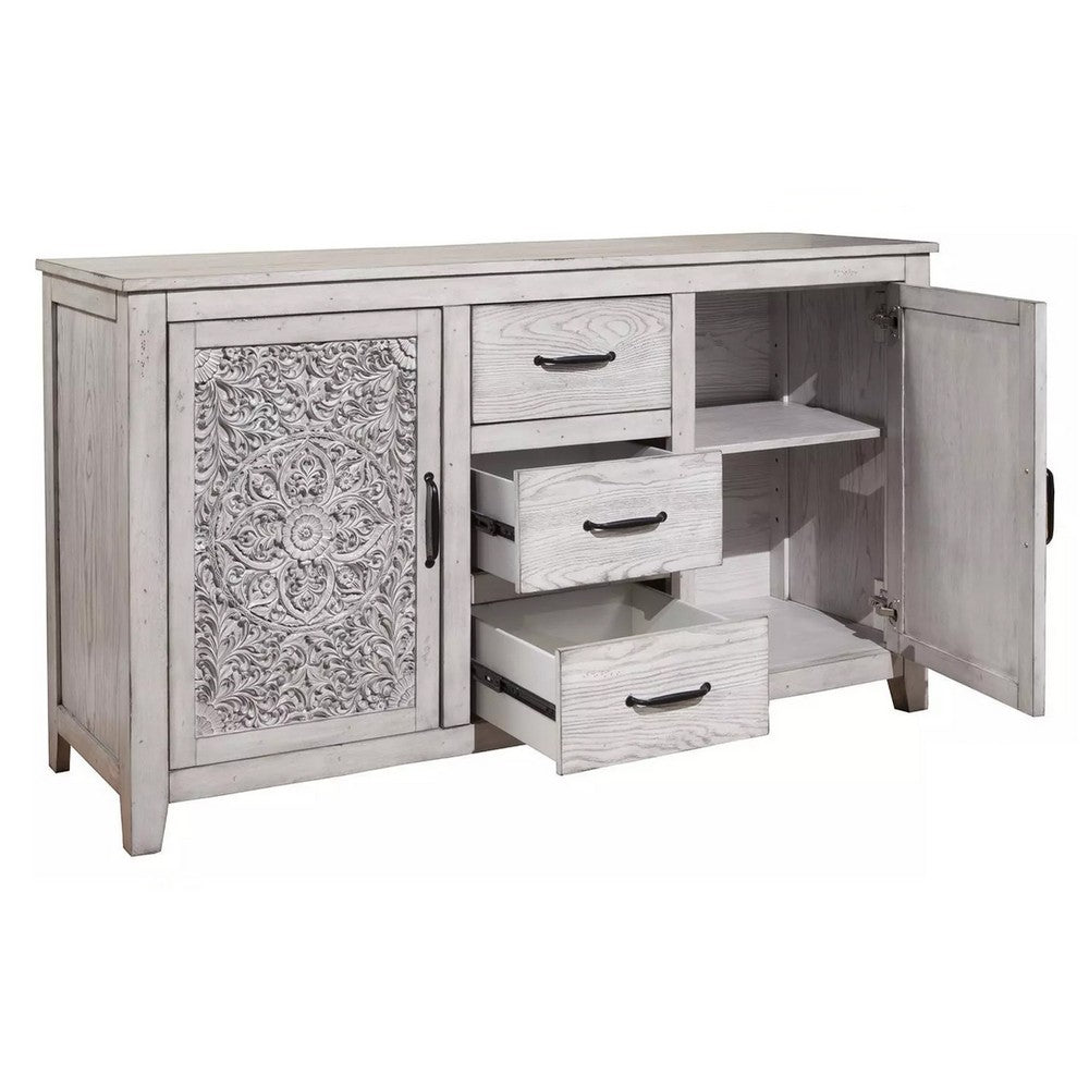 Wooden Dresser with 2 Polyresin Carved Cabinets and 3 Drawers, Gray