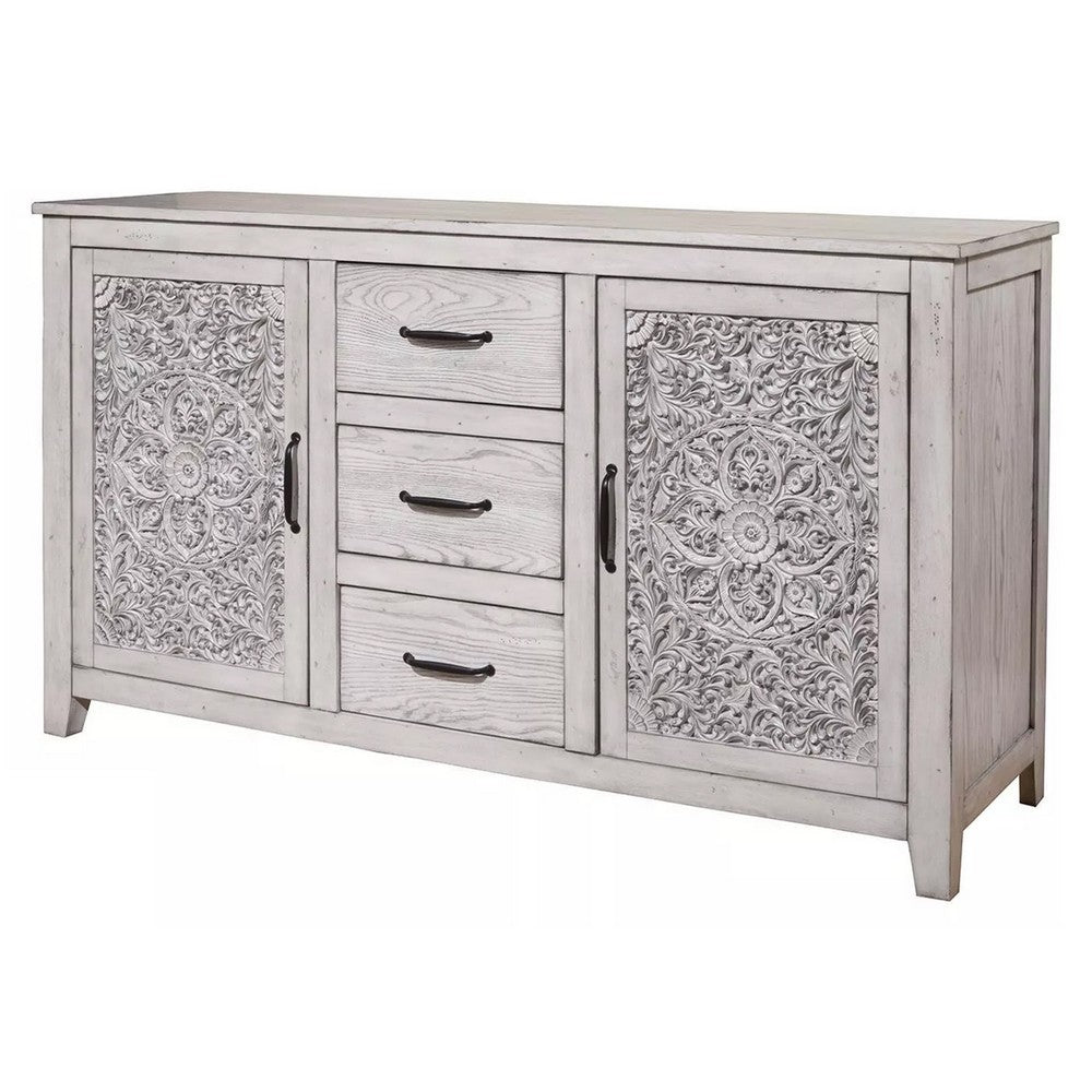 Wooden Dresser with 2 Polyresin Carved Cabinets and 3 Drawers, Gray