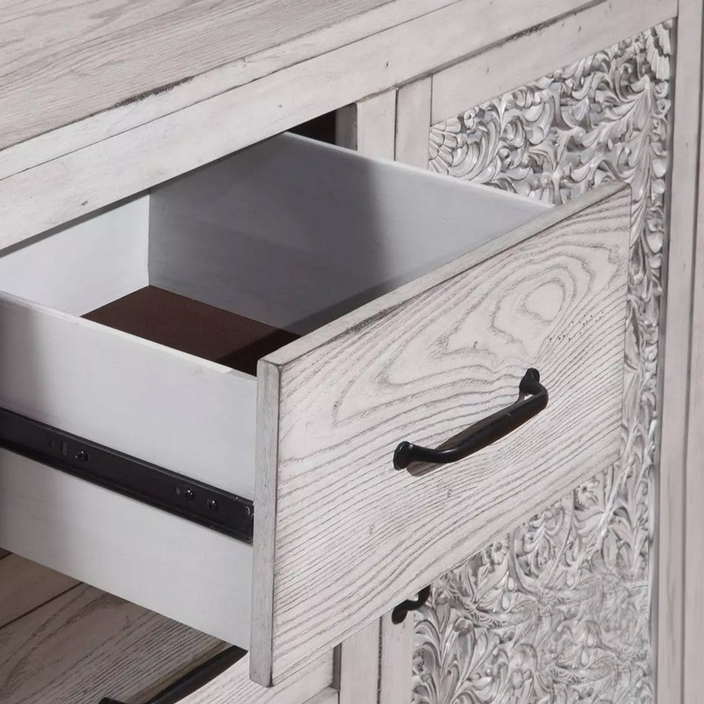 Wooden Dresser with 2 Polyresin Carved Cabinets and 3 Drawers, Gray