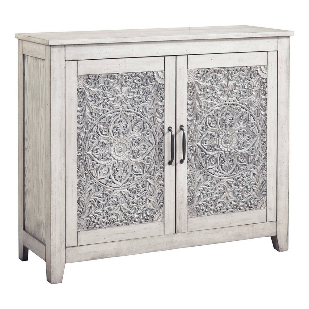 Wooden Chest with 2 Polyresin Carved Cabinets, Weathered Gray