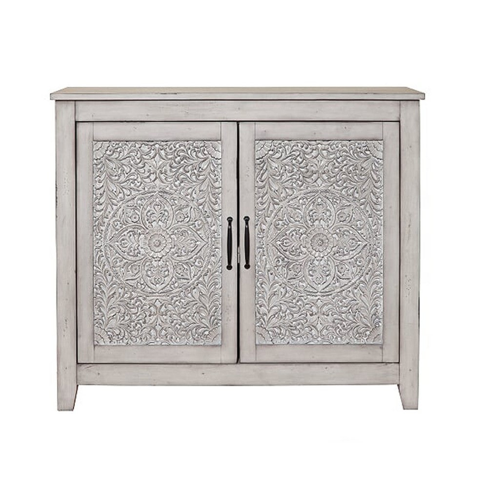 Wooden Chest with 2 Polyresin Carved Cabinets, Weathered Gray