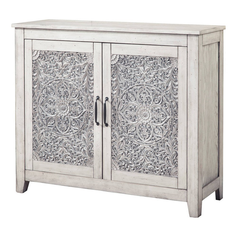 Wooden Chest with 2 Polyresin Carved Cabinets, Weathered Gray