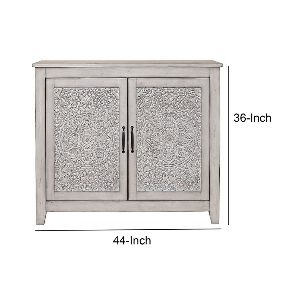 Wooden Chest with 2 Polyresin Carved Cabinets, Weathered Gray