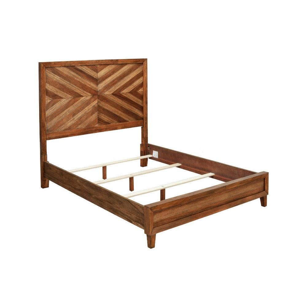 Full Size Bed with Parquet Pattern High Headboard, Brown