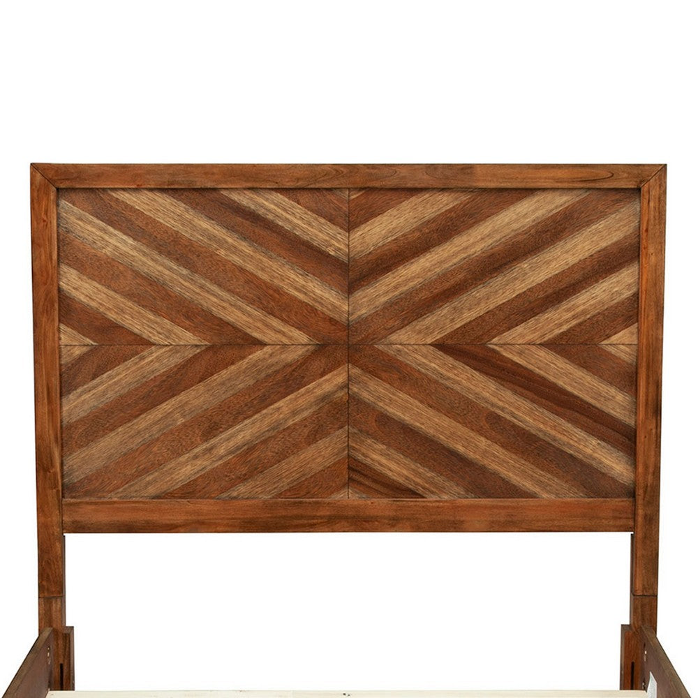 Full Size Bed with Parquet Pattern High Headboard, Brown