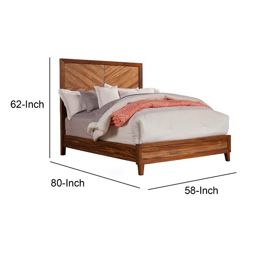 Full Size Bed with Parquet Pattern High Headboard, Brown