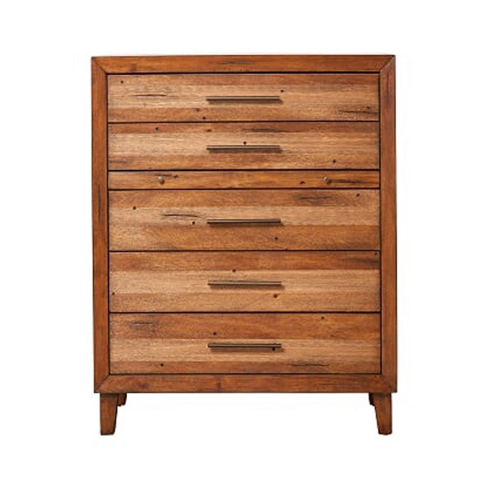 5 Drawer Wooden Chest with Metal Bar Handles and 1 Pull Out Tray, Brown
