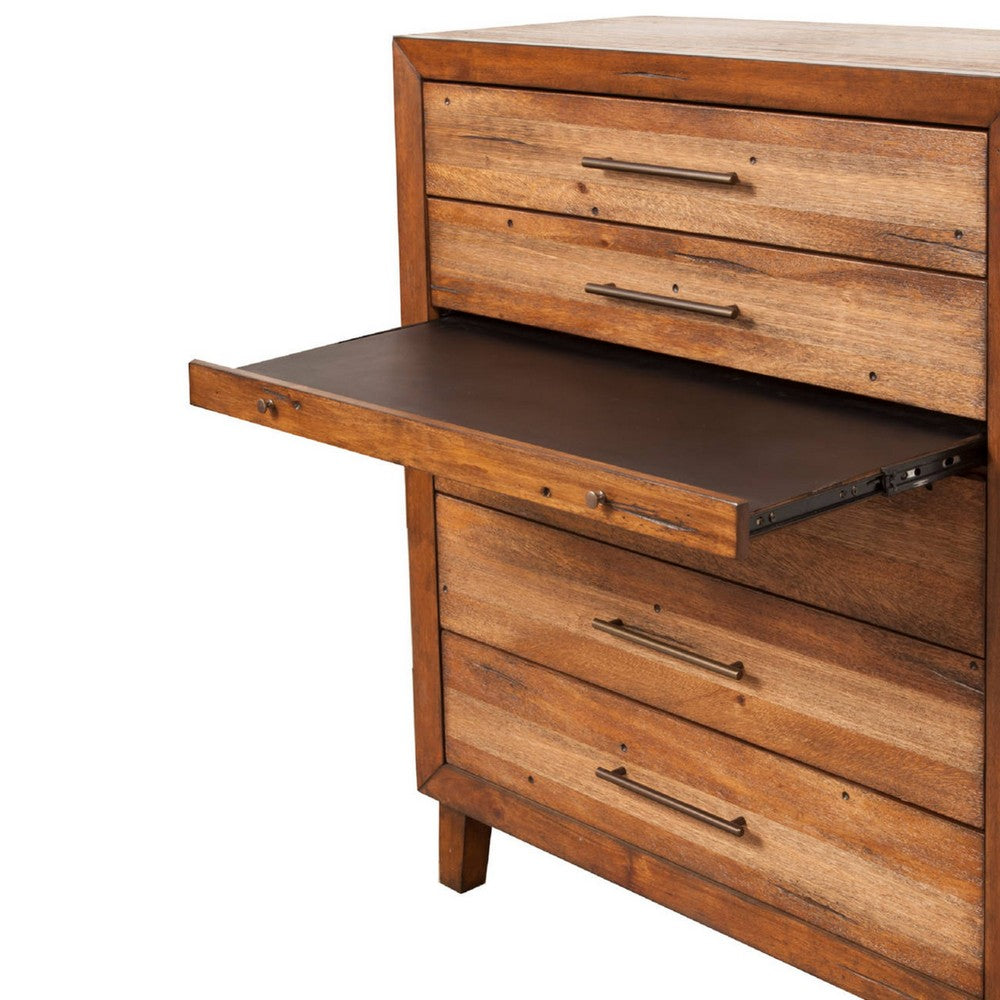 5 Drawer Wooden Chest with Metal Bar Handles and 1 Pull Out Tray, Brown