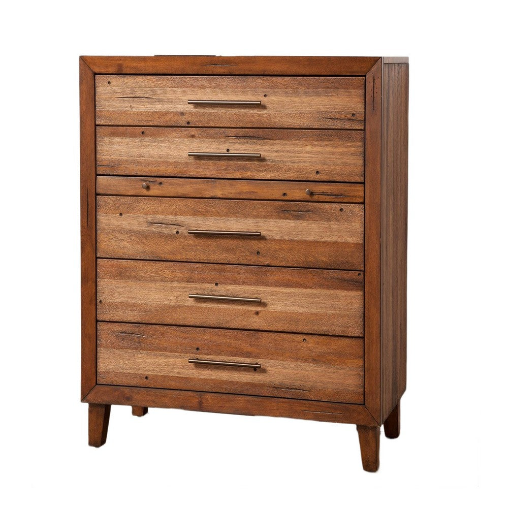 5 Drawer Wooden Chest with Metal Bar Handles and 1 Pull Out Tray, Brown