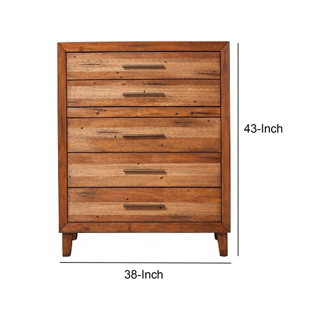 5 Drawer Wooden Chest with Metal Bar Handles and 1 Pull Out Tray, Brown