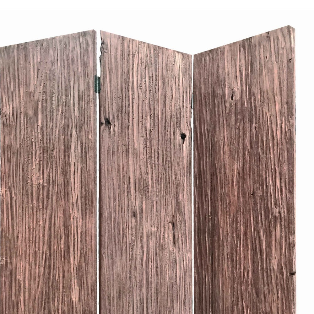 Textured and Bark Designed Wooden 3 Panel Room Divider , Natural Brown