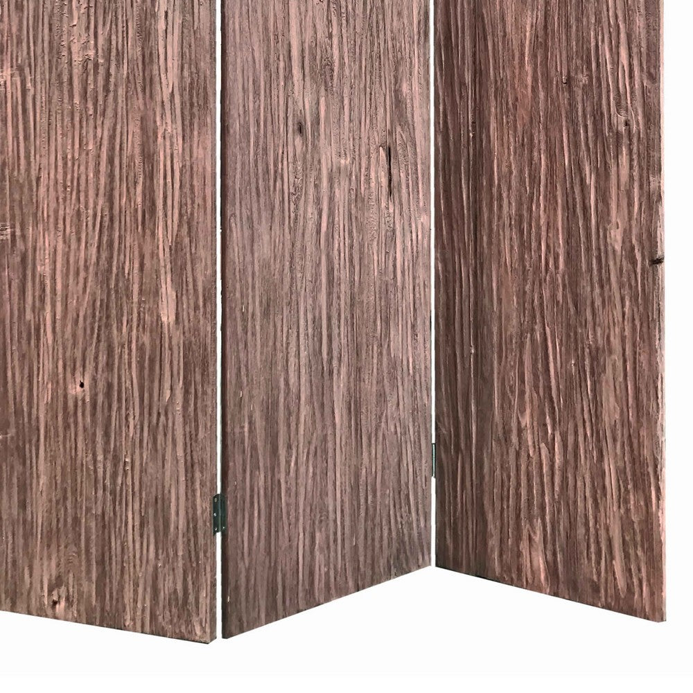 Textured and Bark Designed Wooden 3 Panel Room Divider , Natural Brown