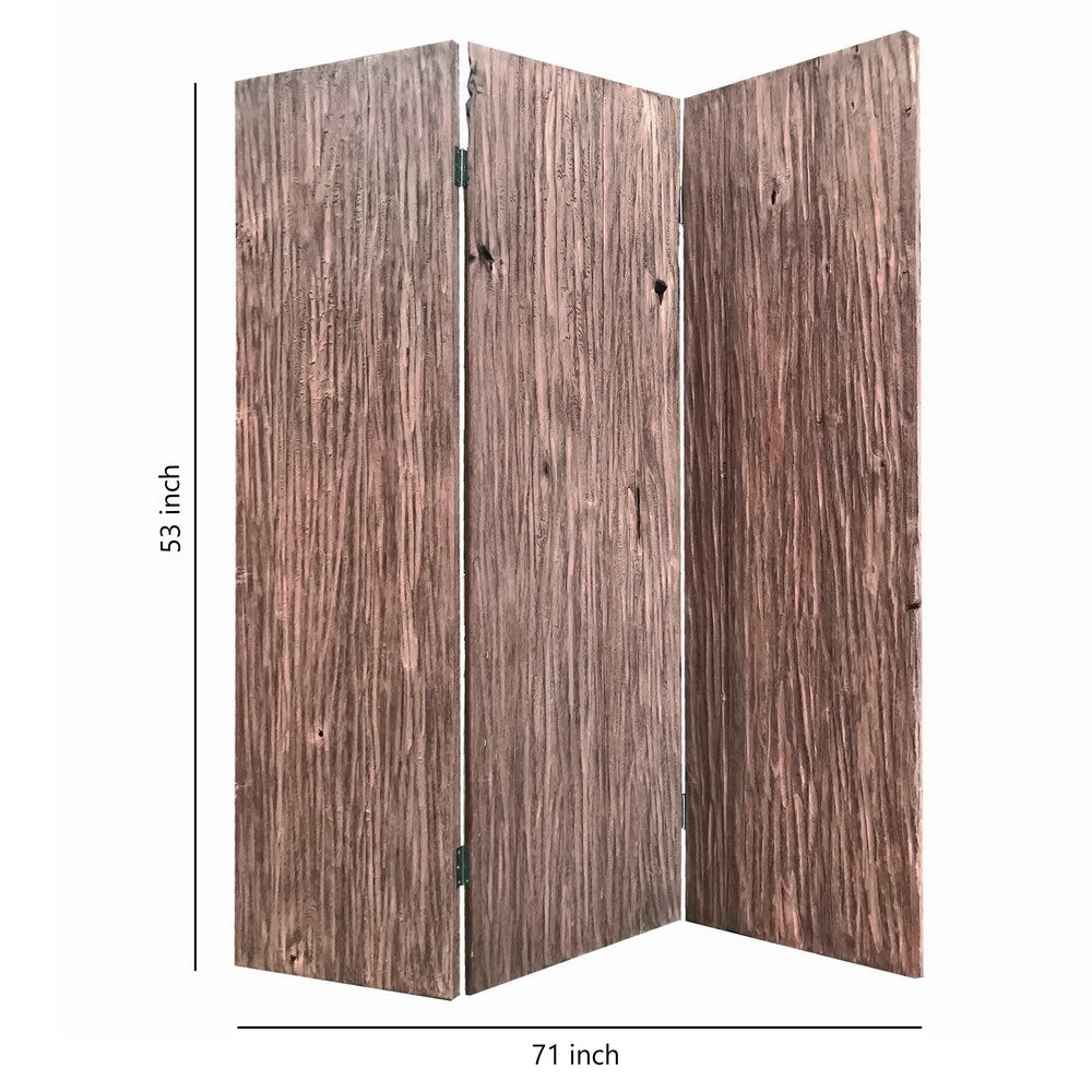 Textured and Bark Designed Wooden 3 Panel Room Divider , Natural Brown