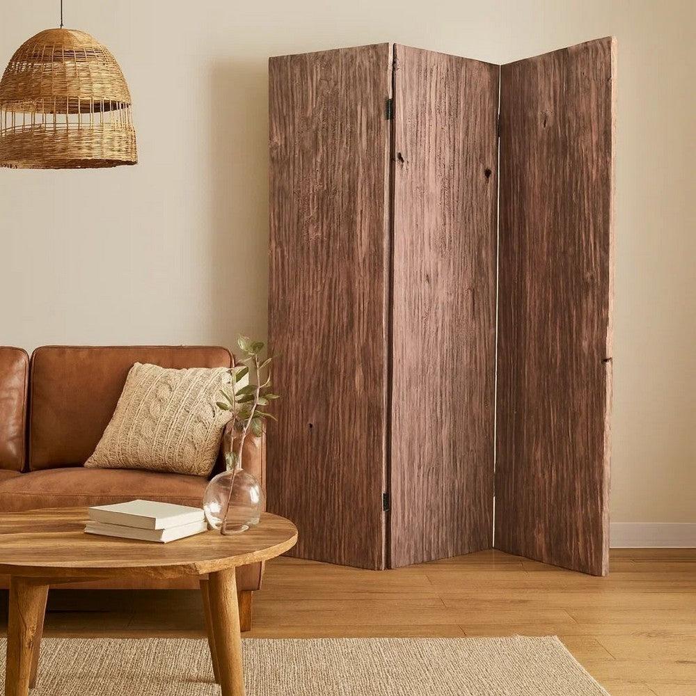 Textured and Bark Designed Wooden 3 Panel Room Divider , Natural Brown