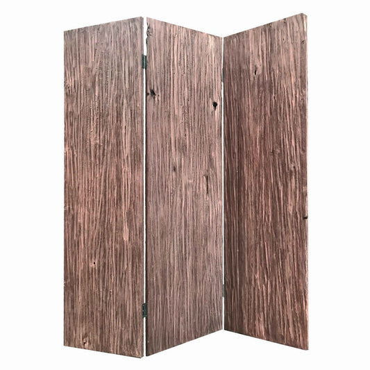 Textured and Bark Designed Wooden 3 Panel Room Divider , Natural Brown