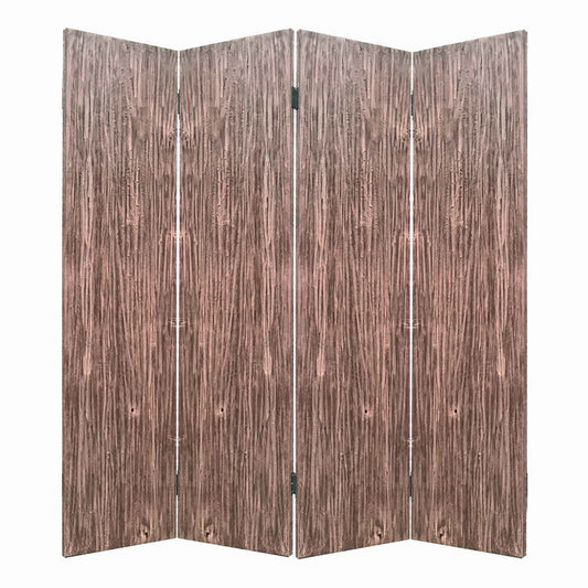 Textured and Bark Designed Wooden 4 Panel Room Divider , Natural Brown