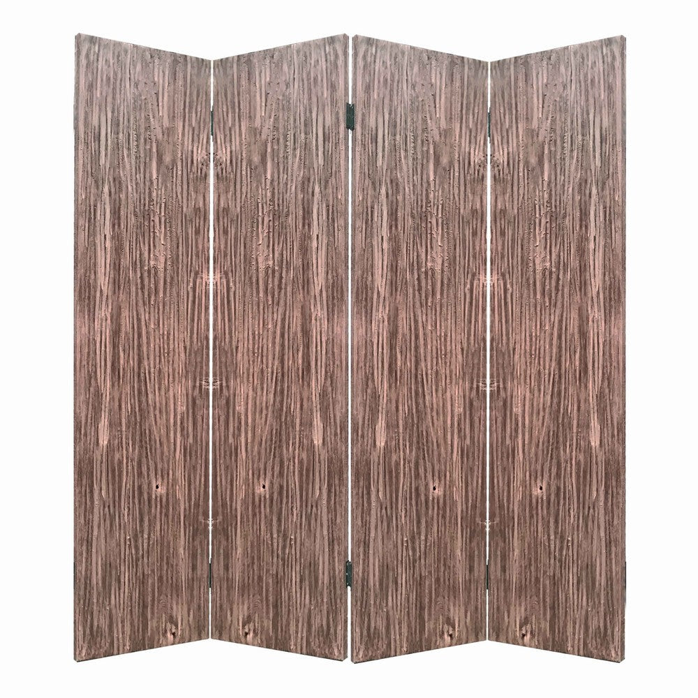 Textured and Bark Designed Wooden 4 Panel Room Divider , Natural Brown