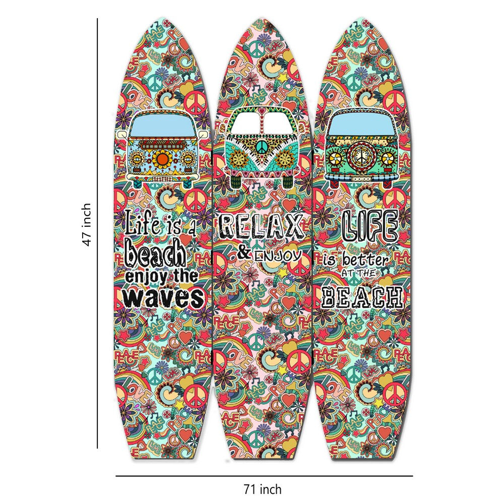 Beach Themed Surfboard Shaped 3 Panel Room Divider, Multicolor