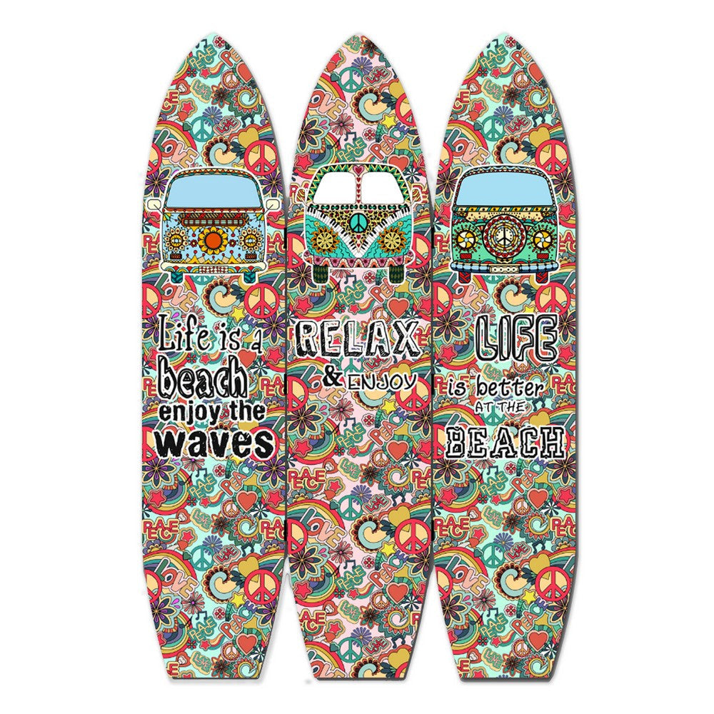 Beach Themed Surfboard Shaped 3 Panel Room Divider, Multicolor