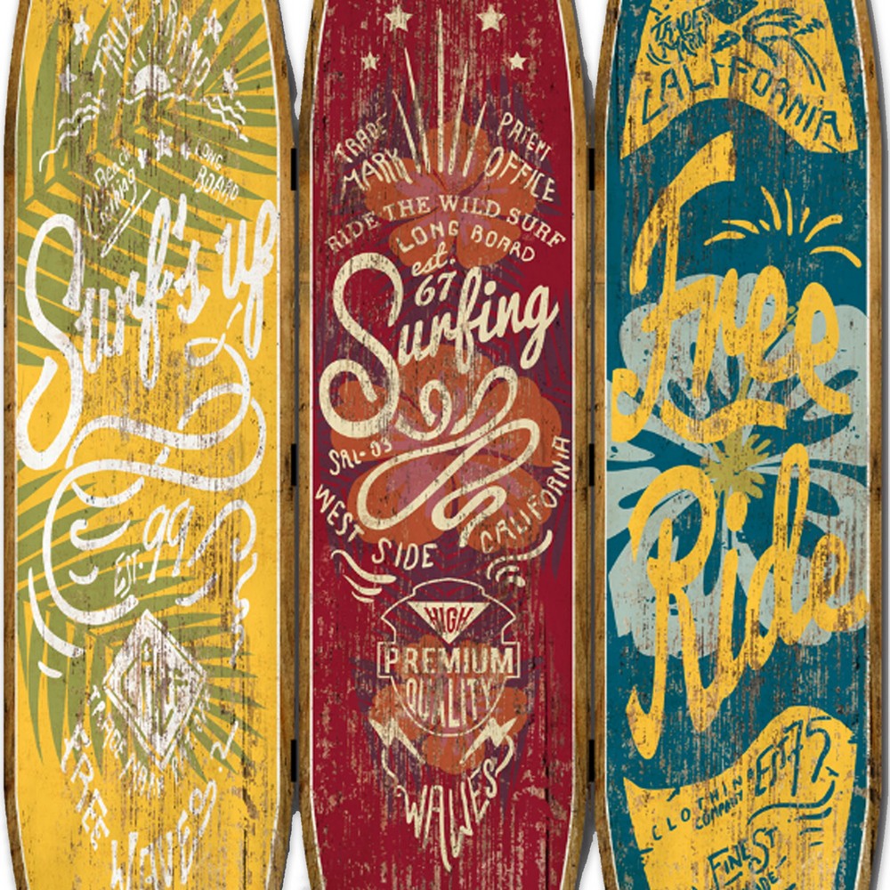 Beach Themed Surfboard Shaped 3 Panel Wooden Room Divider, Multicolor
