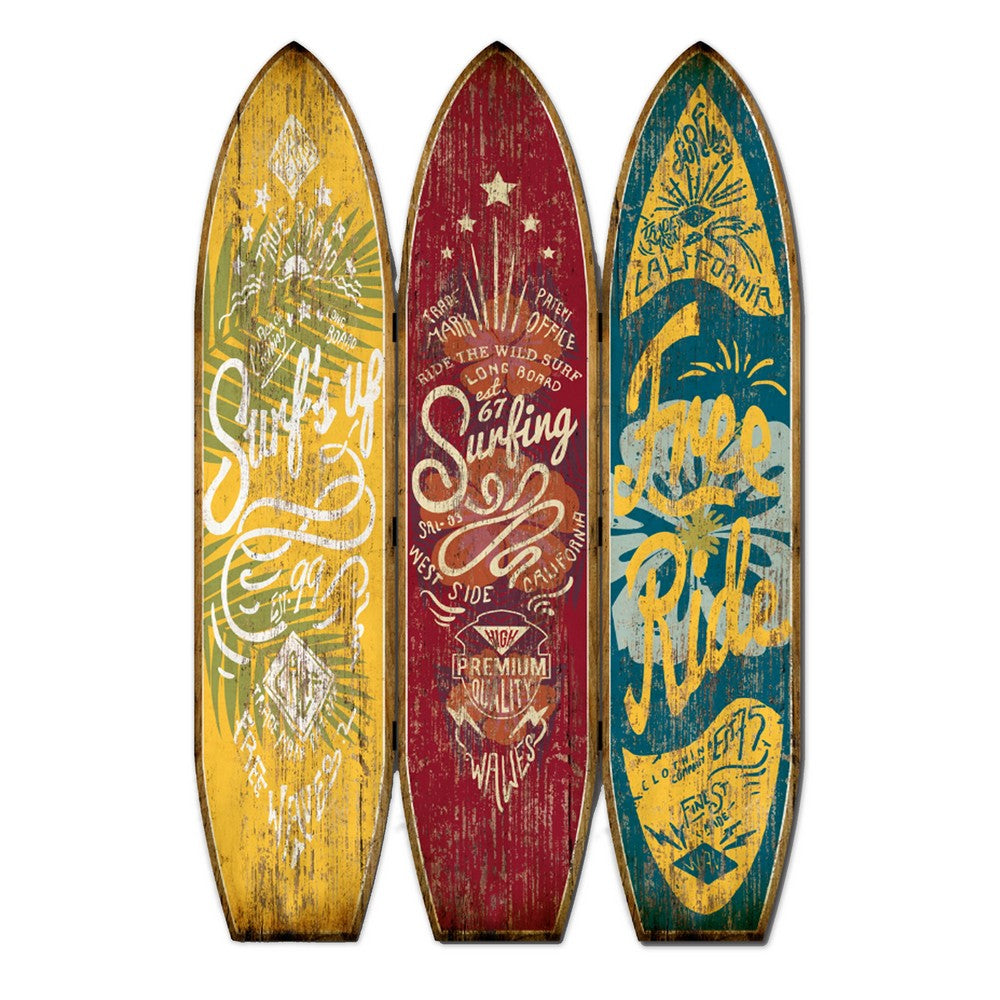 Beach Themed Surfboard Shaped 3 Panel Wooden Room Divider, Multicolor